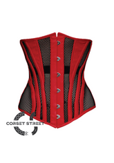 Red Satin Black Net Gothic Burlesque Waist Training Bustier LONG Underbust Sheer Corset Costume